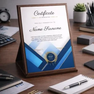 Diplomă personalizată tipărită color pe hârtie mată premium așezată pe birou