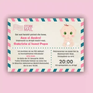 Invitatie botez tip carte postala model 1 design minimalist