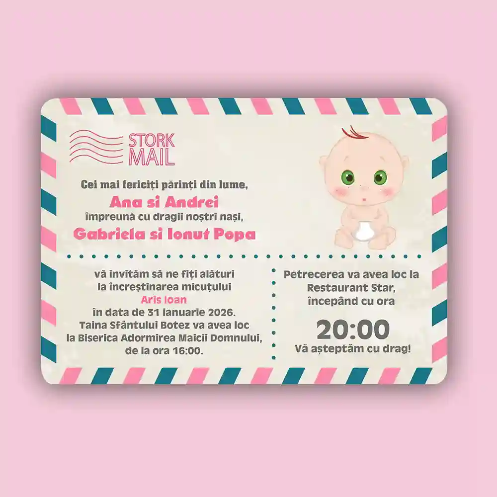 Invitatie botez tip carte postala model 1 design minimalist cu colturi rotunjite