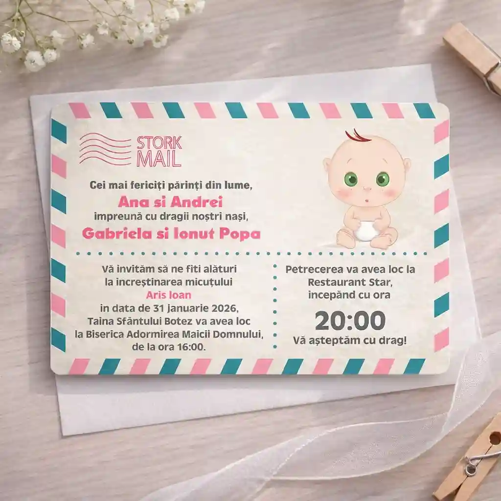 Invitatii botez carte postala model 1 tiparita pe hartie foto mata premium colturi rotunjite