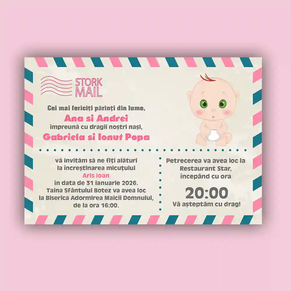 Invitatie botez tip carte postala model 1 design minimalist