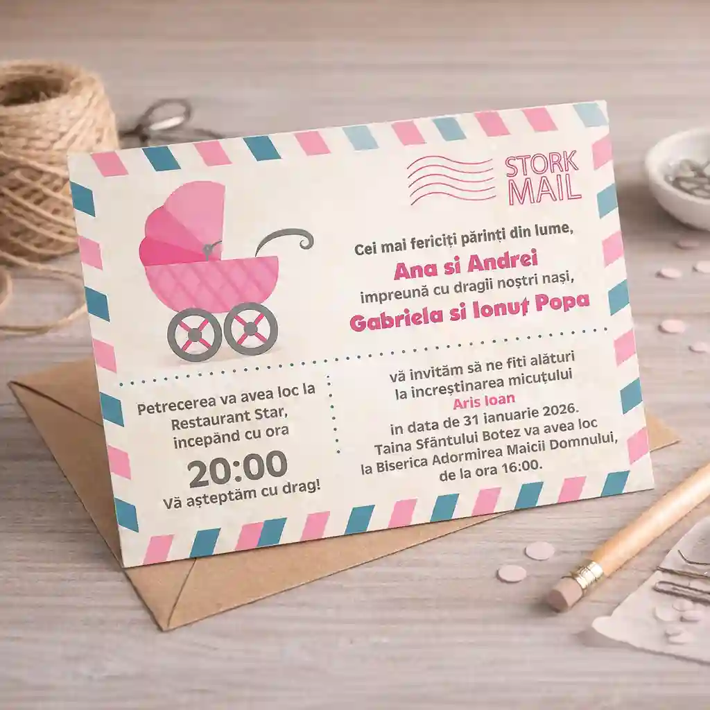 Invitatii botez carte postala model 2 cu colturi drepte fetița exemplu