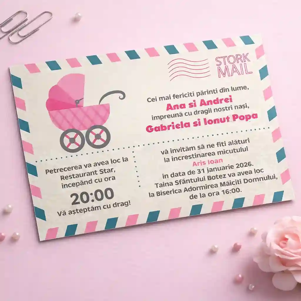 Invitatii botez carte postala model 2 cu colturi drepte fetița