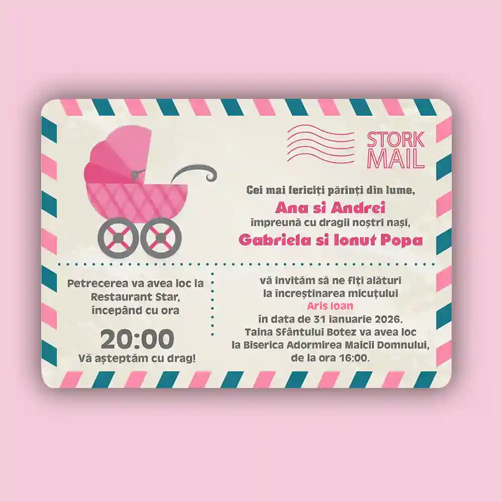 Invitatii botez carte postala model 2 cu colturi rotunjite