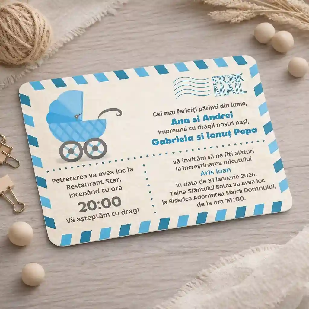 Invitatii botez carte postala model 4 băietel 04