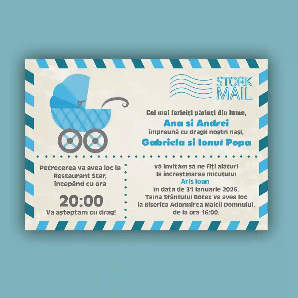 Invitatii botez carte postala model 4 băietel