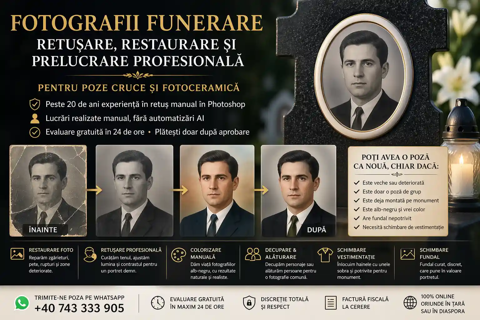 Fotografii funerare restaurate profesional pentru monument