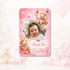 Magneți personalizați botez cu ursuleți roz, format 9x6 cm
