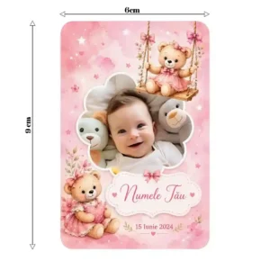 Magneți personalizați botez cu ursuleți roz, format 9x6 cm
