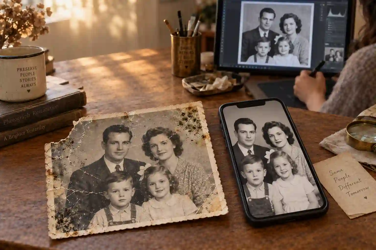 fotografie veche ruptă, variantă netezită de aplicație pe telefon și restaurare manuală în Photoshop