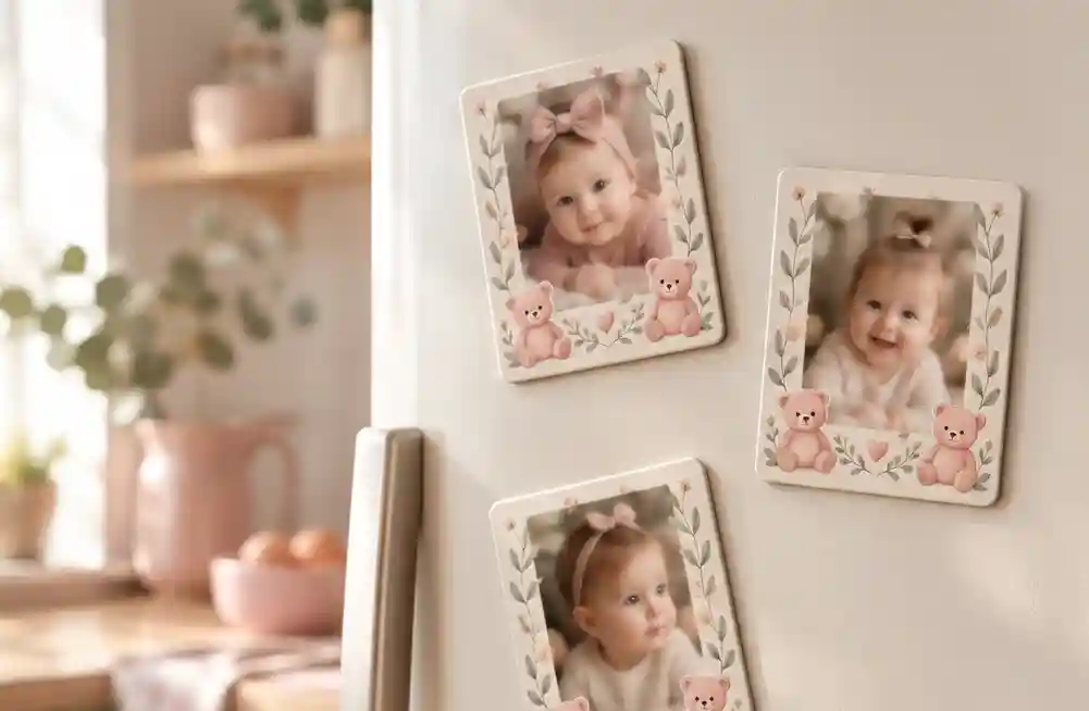 Mărturii botez fetiță – magneți personalizați cu ursuleți roz și fotografie
