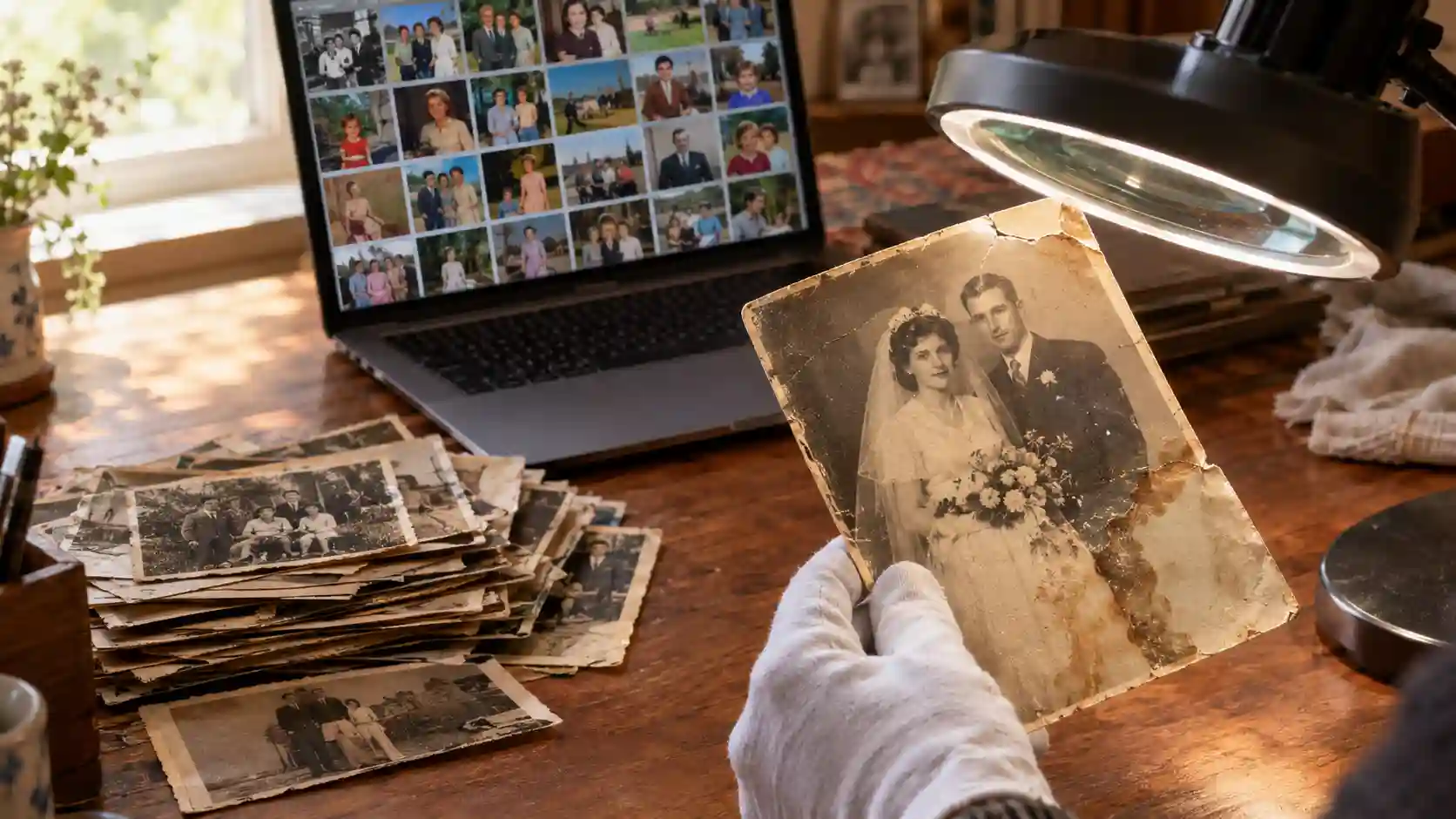 zeci de poze vechi colorizate automat pe laptop și un portret de nuntă rupt, restaurat manual sub lupă